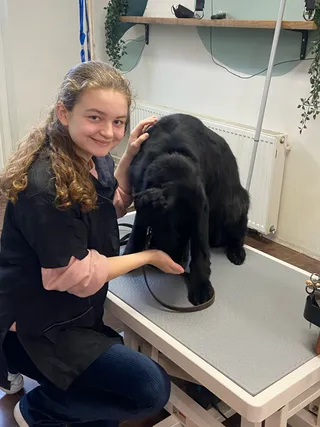 Snuffelstagiair Sophie zit lachend naast Rivkah, een flatcoated retriever, op de trimtafel